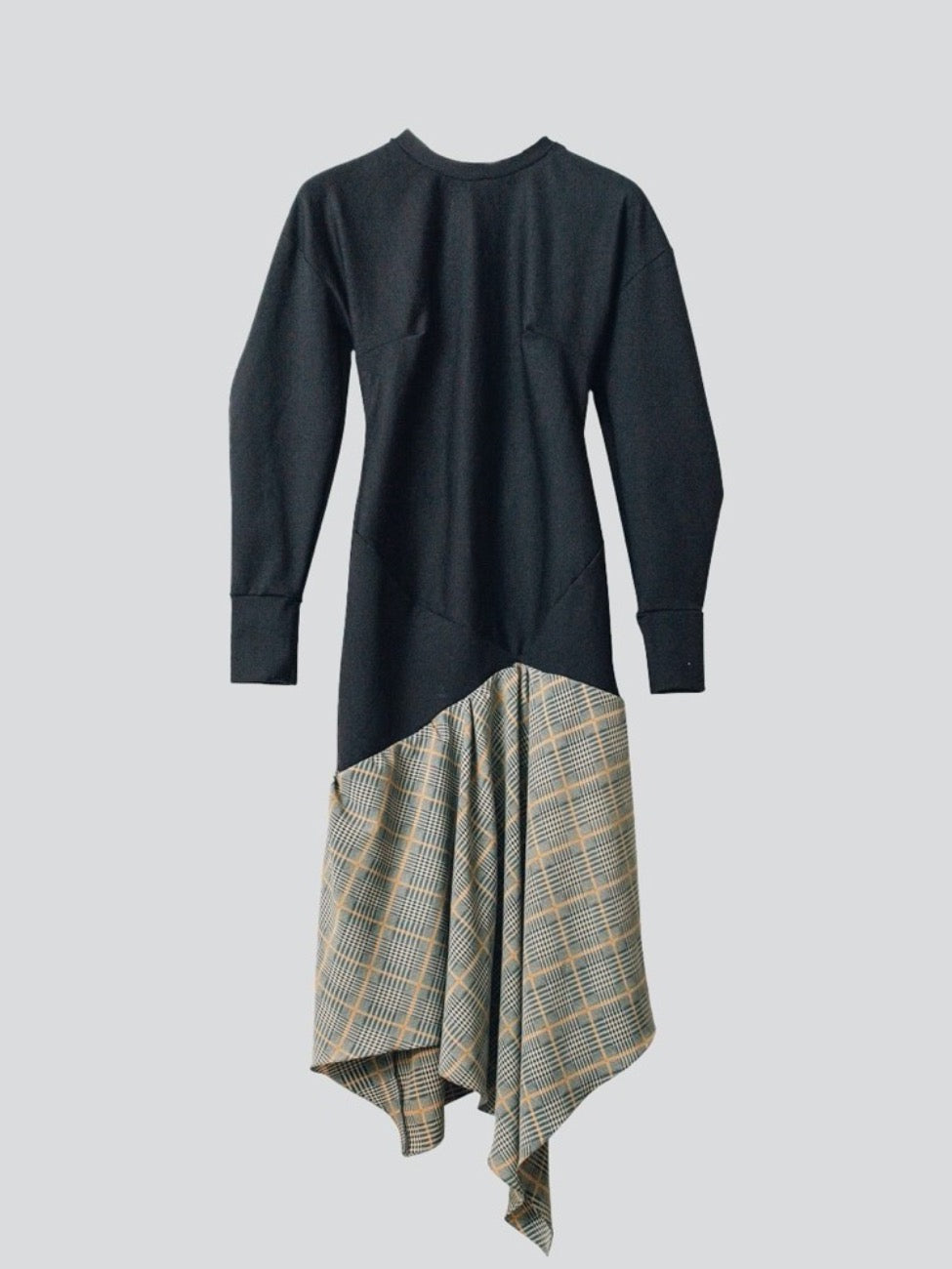 Asymmetric Check Dress, Navy with a navy & yellow check fluid skirt. Made in the UK by sustainable & ethical clothing brand Fanfare.