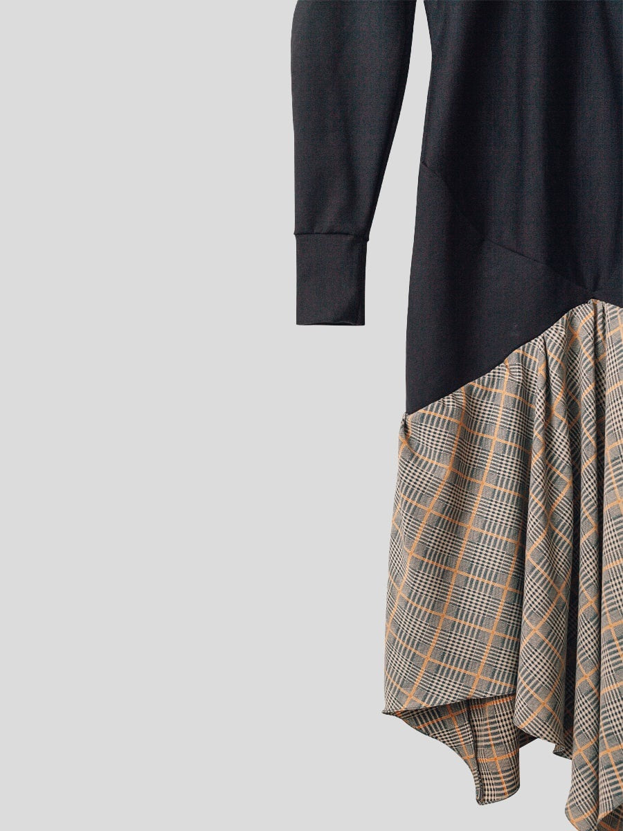 Asymmetric Check Dress, Navy with a navy & yellow check fluid skirt. Made in the UK by sustainable & ethical clothing brand Fanfare.