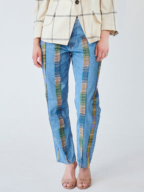 High Waisted Organic & Recycled Stripe Wool Blue Jeans