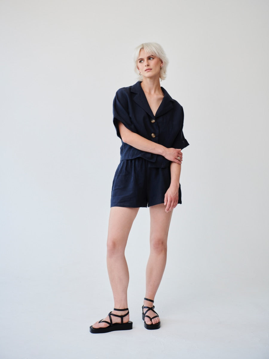 Fanfare Label's sustainable women's 100% OEKO -TEX linen navy short sleeved co-ord set with shorts