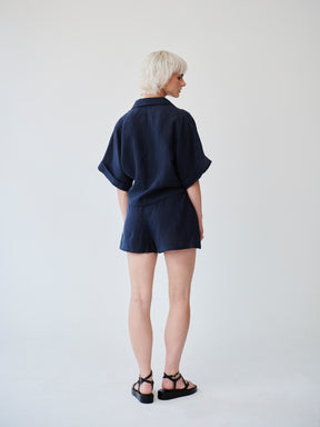 Fanfare Label's sustainable women's 100% OEKO -TEX linen navy short sleeved co-ord set with shorts