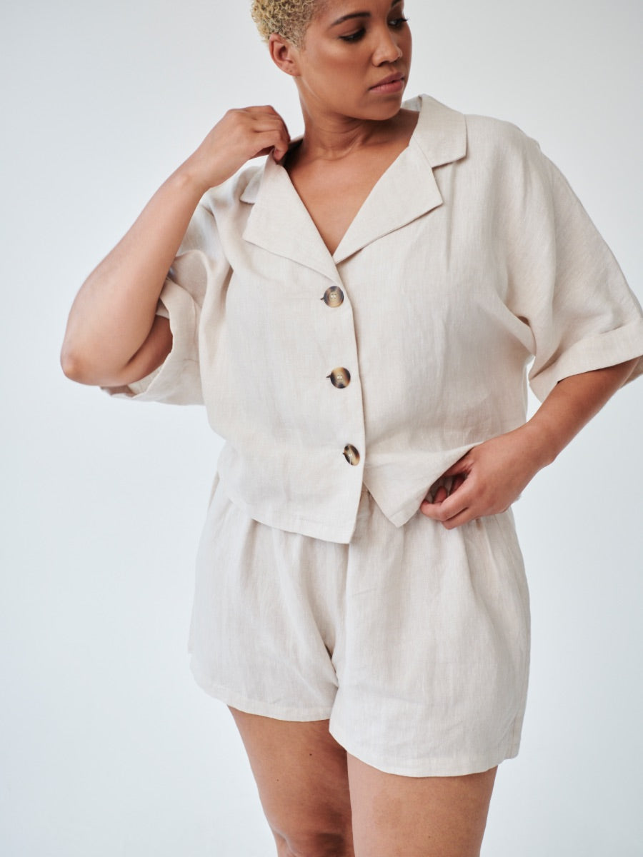 Fanfare Label's sustainable women's linen beige short sleeved co-ord set with shorts