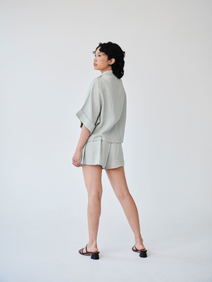 Fanfare Label's sustainable women's 100% OEKO -TEX linen mint green short sleeved co-ord set with shorts