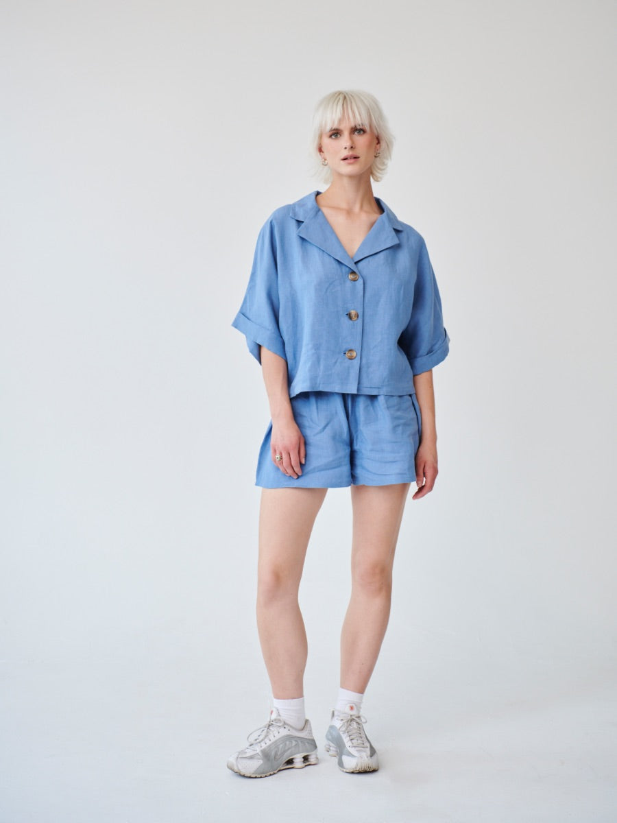 Fanfare Label's sustainable women's 100% OEKO -TEX linen cornflower blue short sleeved co-ord set with shorts