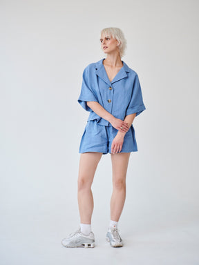 Fanfare Label's sustainable women's 100% OEKO -TEX linen cornflower blue short sleeved co-ord set with shorts