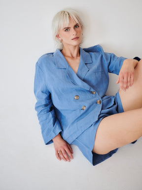 Double breasted Ethically Made Blue Linen Suit with shorts and a high waist. Made by ethical clothing brand Fanfare Label