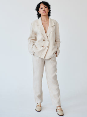 Ethically Made Double Breasted Beige Linen Suit Plain Or With Trim. Sustainable clothing brand Fanfare Label