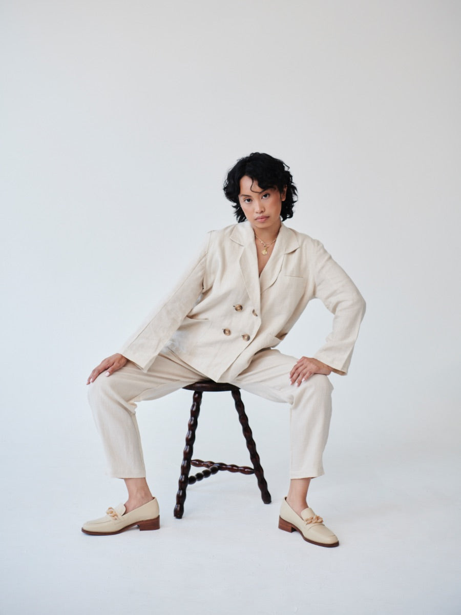 Ethically Made Double Breasted Beige Linen Suit Plain Or With Trim. Sustainable clothing brand Fanfare Label