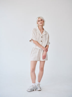 Fanfare Label's sustainable women's linen beige short sleeved co-ord set with shorts