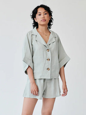 Women's Linen Shirt & Shorts Co-ord Set in Green | Fanfare