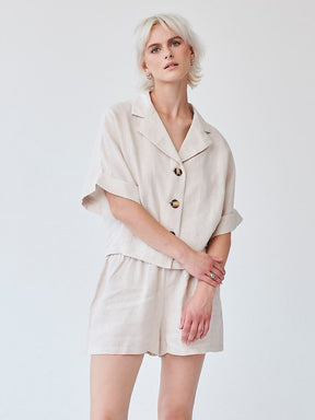 Women's Linen Shirt & Shorts Co-ord Set in Beige | Sustainable | Fanfare