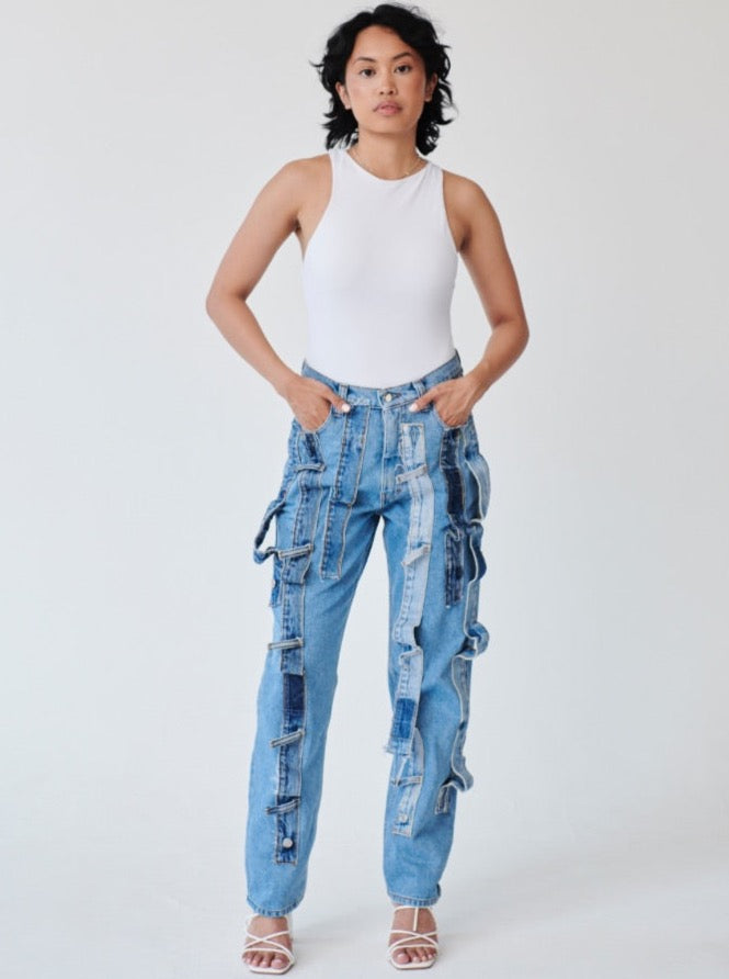 High Waisted Organic & Recycled Denim Trimmed Blue Jeans