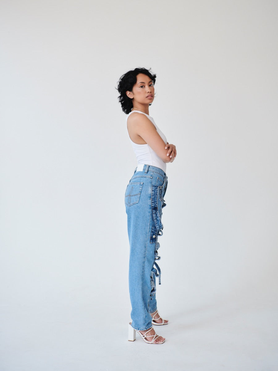 High Waisted Organic & Recycled Denim Trimmed Blue Jeans