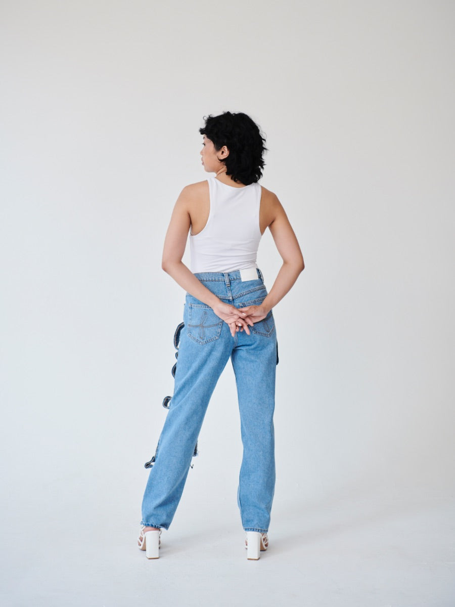 High Waisted Organic & Recycled Denim Trimmed Blue Jeans