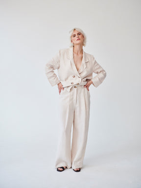 Ethically Made Double Breasted Beige Linen Suit with Wide Leg Trouser. Sustainable clothing brand Fanfare Label