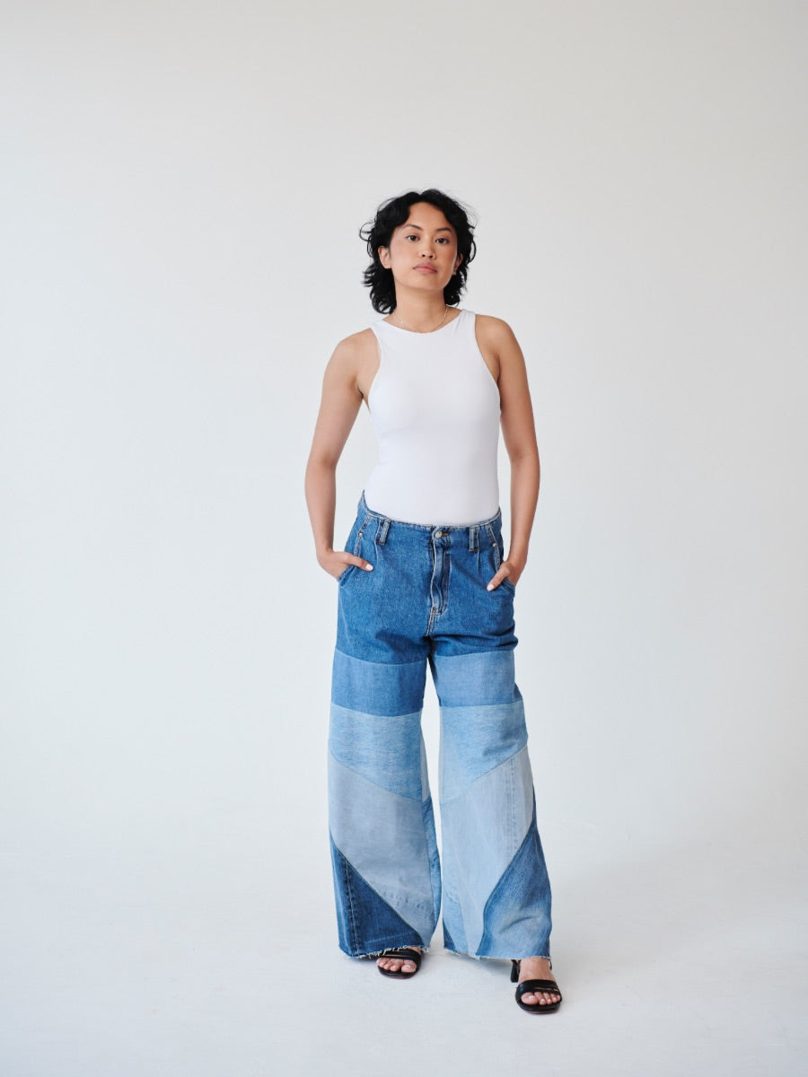 High Waisted Upcycled Oversized Flare Jean, Blue Denim