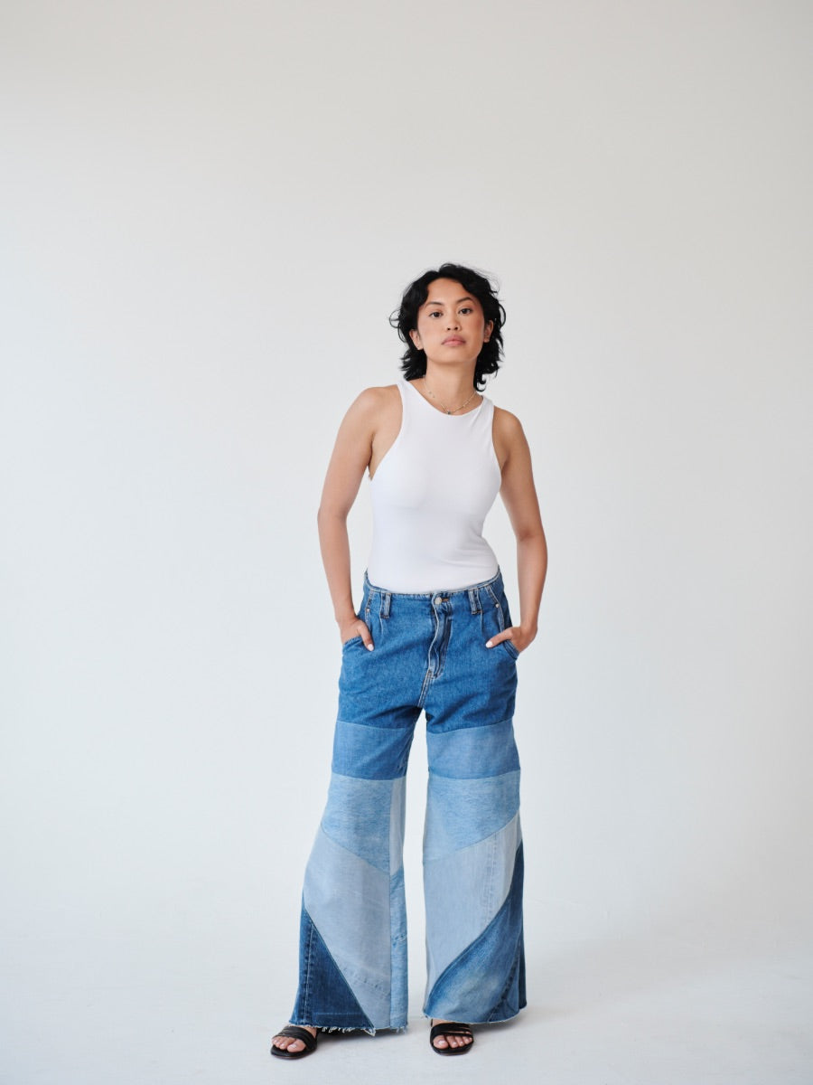 High Waisted Upcycled Oversized Flare Jean, Blue Denim