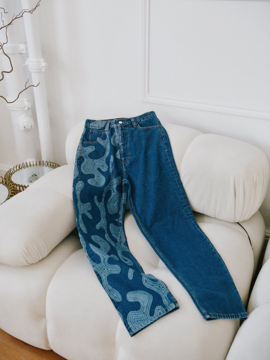 High Waisted Organic & Recycled Laser Coral Print Dark Blue Jeans