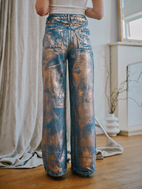 High Waisted Upcycled Copper Metallic Flare Jean