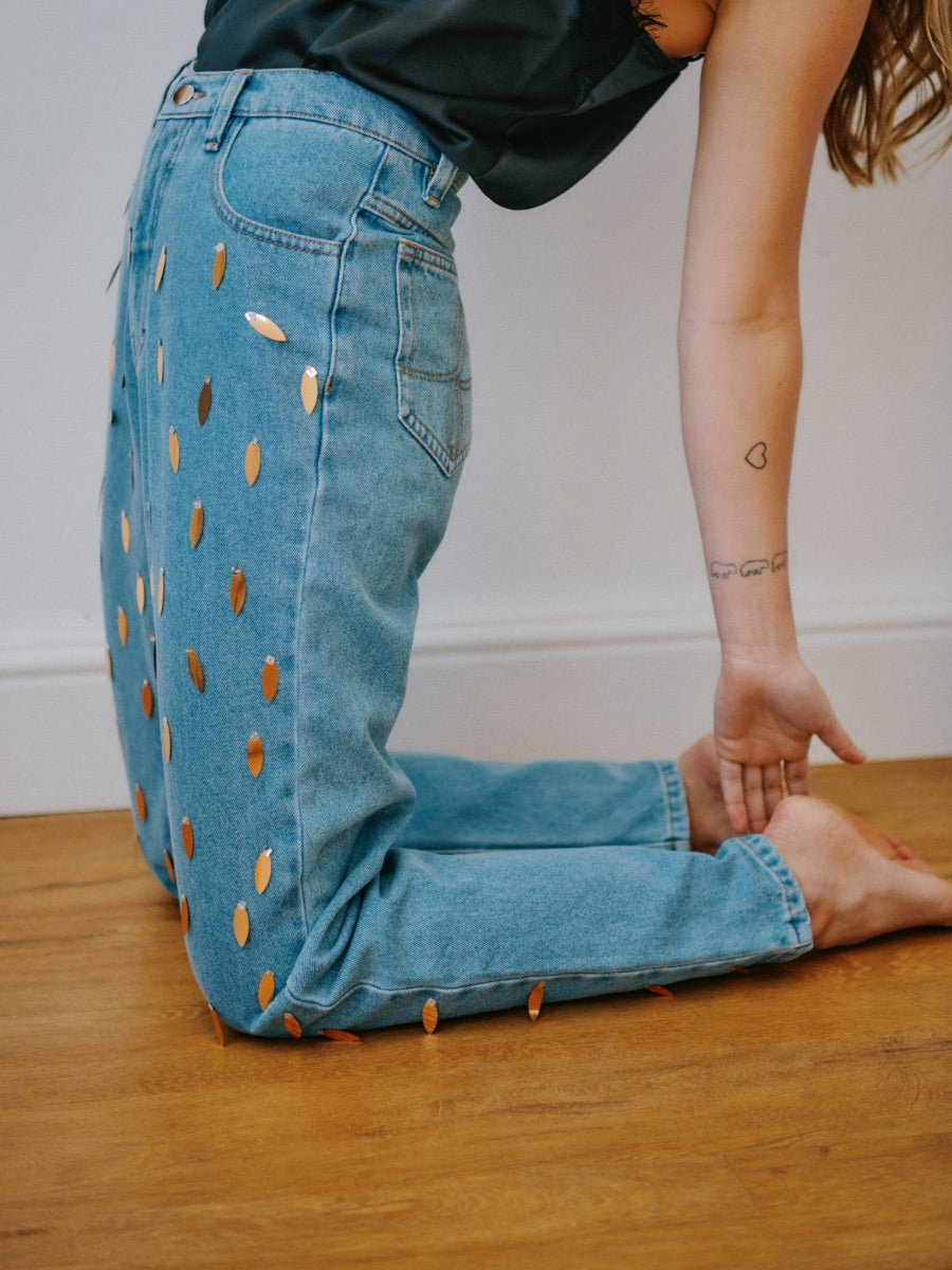 High Waisted Organic & Recycled Rose Tea Sequin Jeans