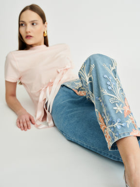 Women's Floral Embroidered Blue Jeans | Sustainable | Delia | Fanfare