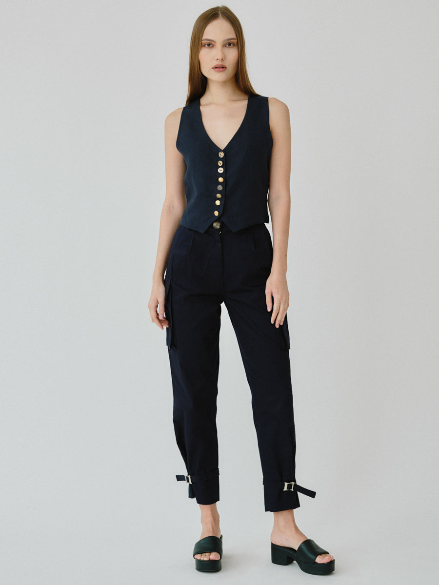Organic Cotton Navy Utility Cargo Pant with two side pockets & buckles on the ankles. Sustainably made in the UK by ethical clothing brand Fanfare Label