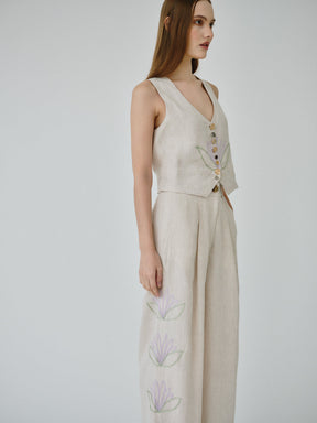 Women's Linen Trousers in Beige Floral | Celeste | Fanfar
