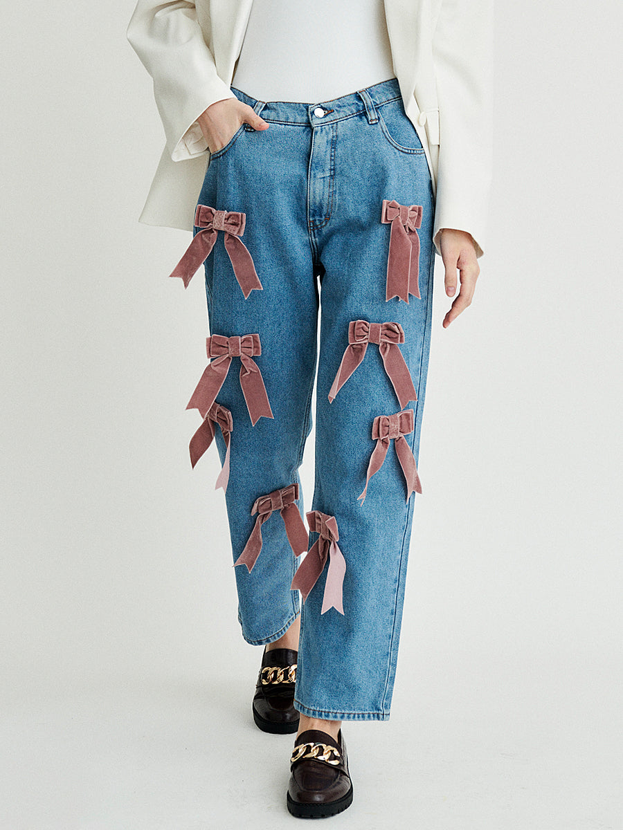 Women's Blue Denim Jeans with Velvet Bows | Sustainable | Eden | Fanfare