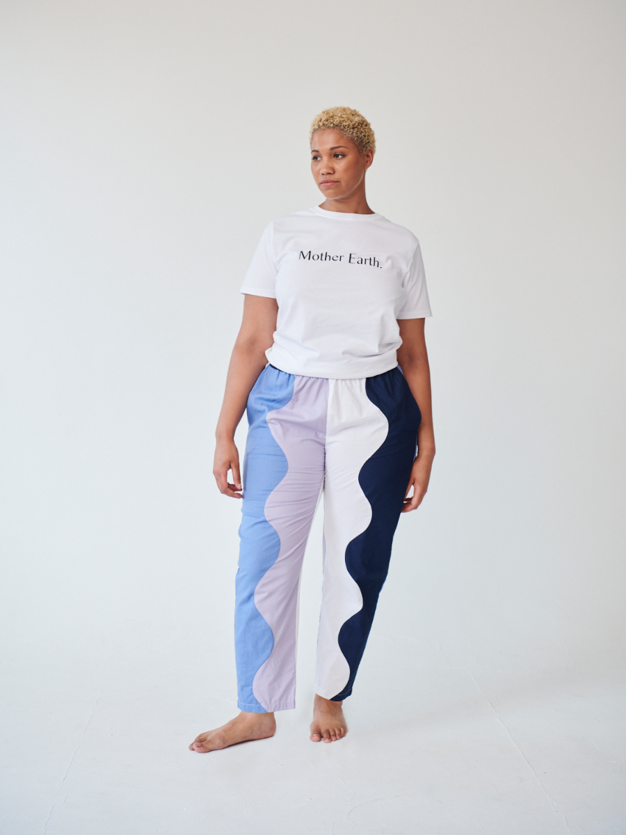 Monique Colour Block Swirl Trouser in Navy, White, Lilac and Blue