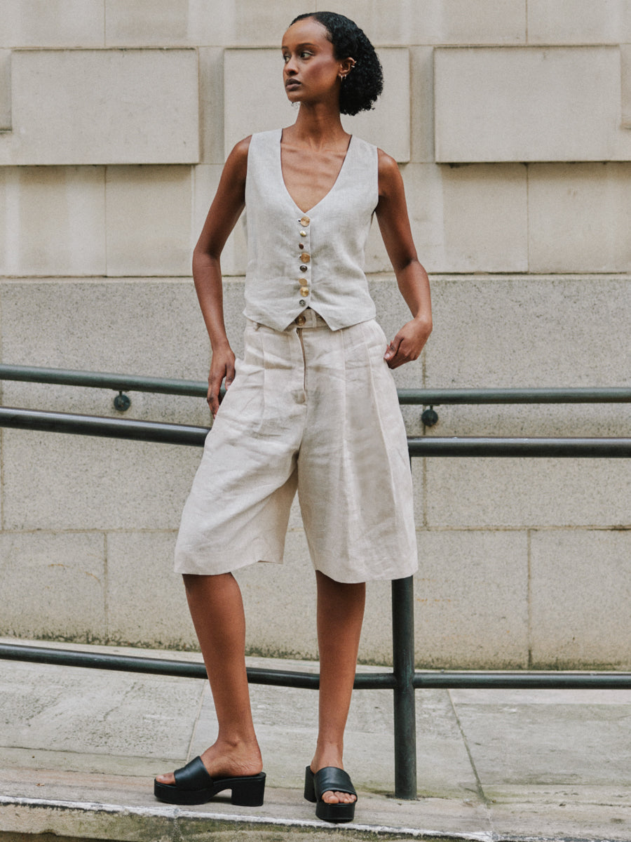 Women's Linen Bermuda Shorts in Beige Co-ord Set | Beau | Fanfare