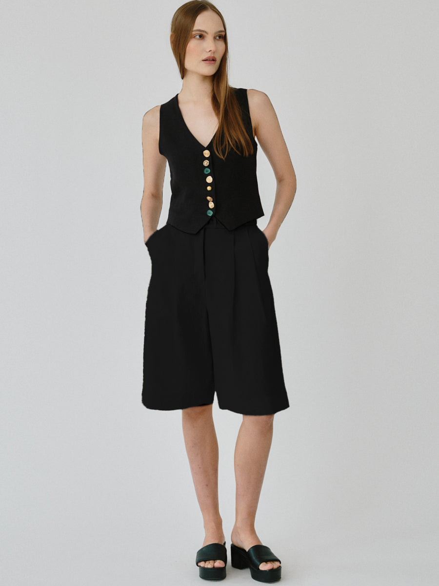 Women's Linen Bermuda Shorts in Black Co-ord Set | Fanfare