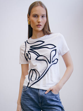 Women's White Organic Cotton T-Shirt | Floral Embroidery | Bloom | Fanfare