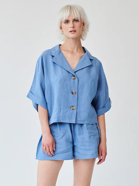 Women's Linen Shirt Shorts Co-Ord Set in Blue - Main Image