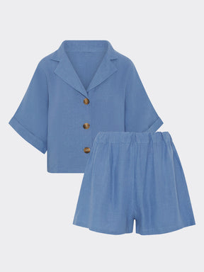 Women's Linen Shirt & Shorts Co-Ord Set in Blue | Fanfare