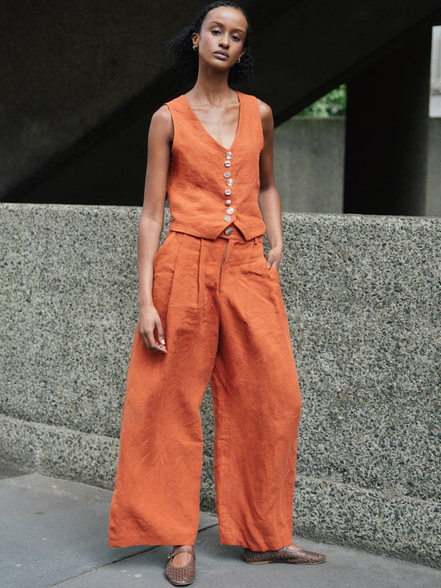 Women's Orange Linen Waistcoat Co-ord Set | Daphne | Fanfare