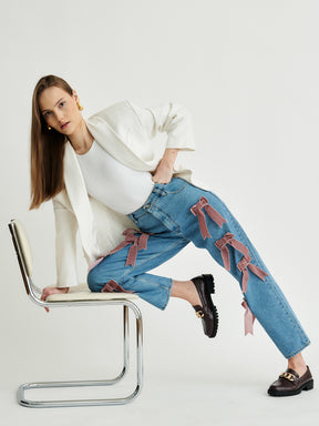 Women's Blue Denim Jeans with Velvet Bows | Sustainable | Eden | Fanfare