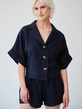 Womens Linen Shirt & Shorts Co-ord Set in Navy | Fanfare