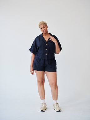 Womens Linen Shirt & Shorts Co-ord Set in Navy | Fanfare