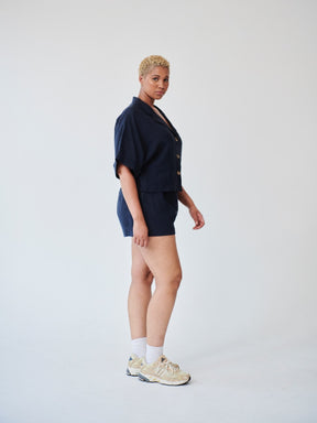 Womens Linen Shirt & Shorts Co-ord Set in Navy | Fanfare