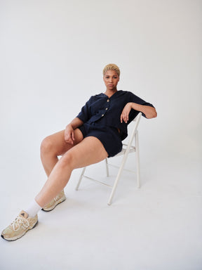 Womens Linen Shirt & Shorts Co-ord Set in Navy | Fanfare