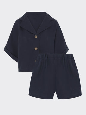 Womens Linen Shirt & Shorts Co-ord Set in Navy | Fanfare