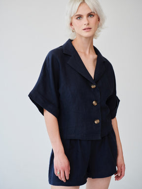 Womens Linen Shirt & Shorts Co-ord Set in Navy | Fanfare