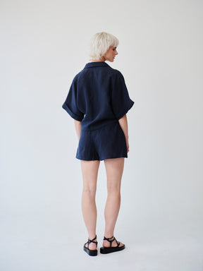Womens Linen Shirt & Shorts Co-ord Set in Navy | Fanfare