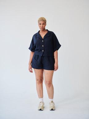 Womens Linen Shirt & Shorts Co-ord Set in Navy | Fanfare
