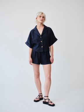 Womens Linen Shirt & Shorts Co-ord Set in Navy | Fanfare