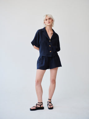 Womens Linen Shirt & Shorts Co-ord Set in Navy | Fanfare