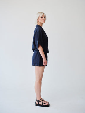 Womens Linen Shirt & Shorts Co-ord Set in Navy | Fanfare