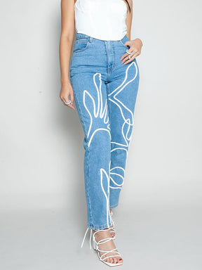 Women's High Waist Blue Jeans | Floral Trim | Sustainable| Fanfare