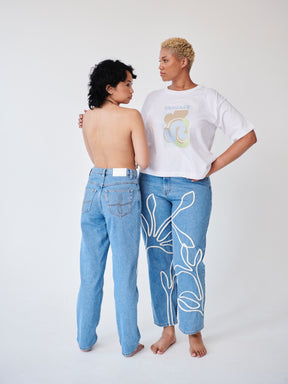 Women's High Waist Blue Jeans | Floral Trim | Sustainable|  Fanfare