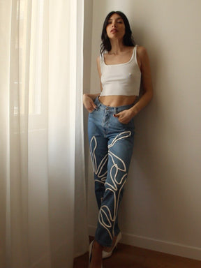 Women's High Waist Blue Jeans | Floral Trim | Sustainable|  Fanfare
